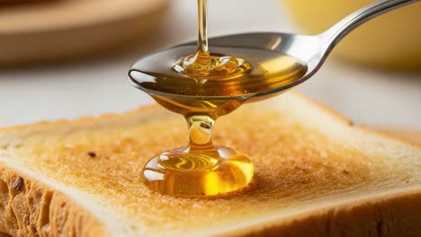 a sweet drizzle: golden honey pouring generously over toast, highlighting the perfect breakfast indulgence with a visual feast of texture and flavor