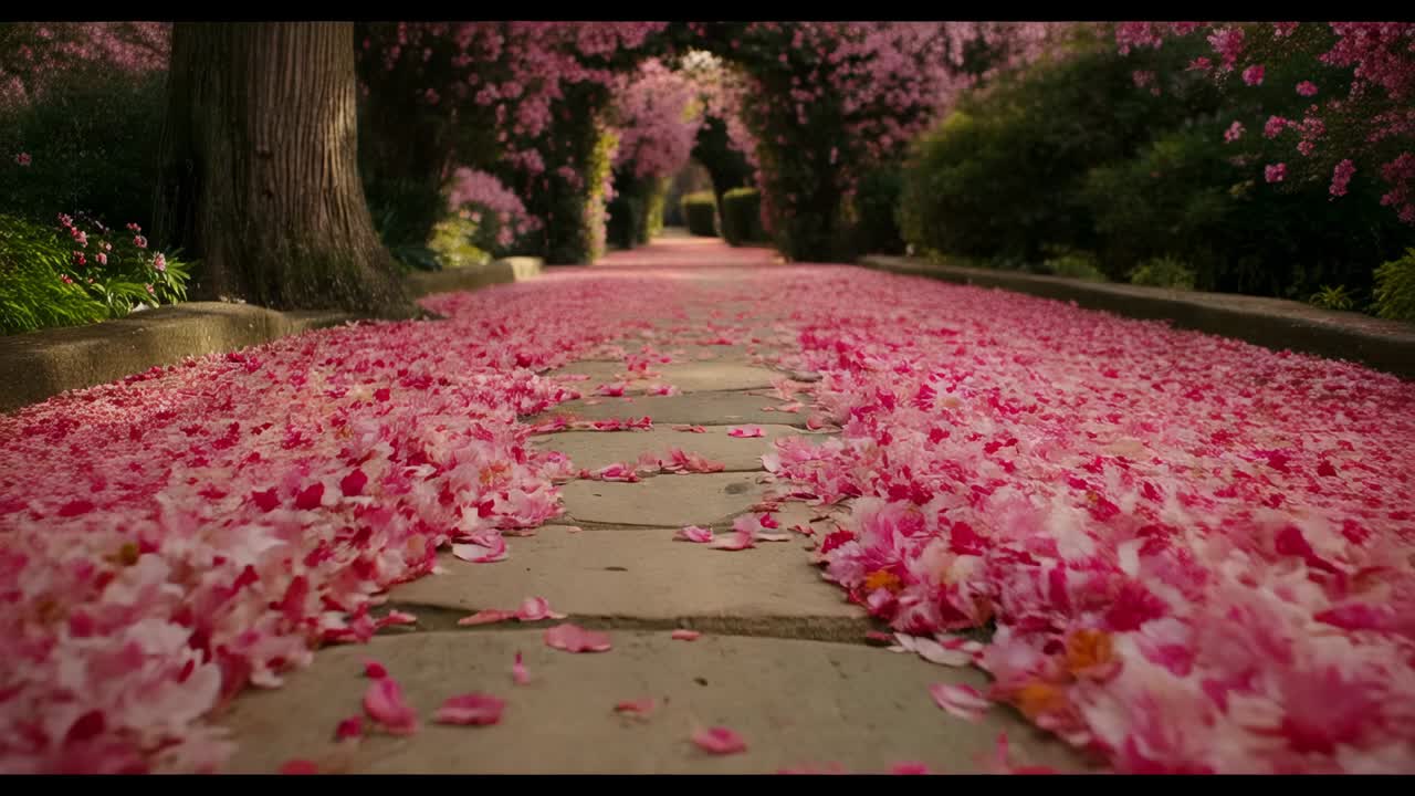 カメラが前上方に移動し、木のアーチの下の庭にあるピンクの花びらが敷き詰められた舗装路が現れます。