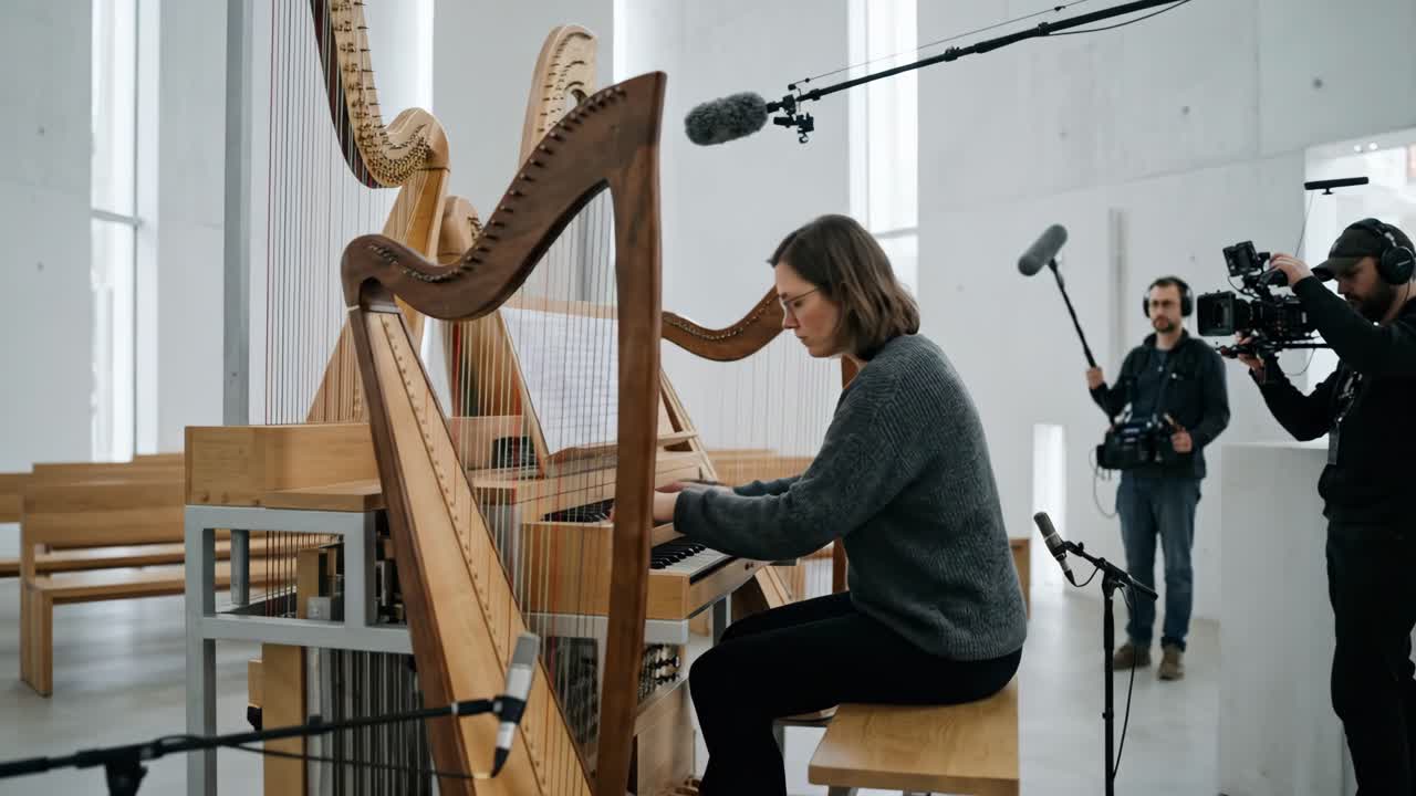 Kvinde spiller unikt harpeorgel under optagelse