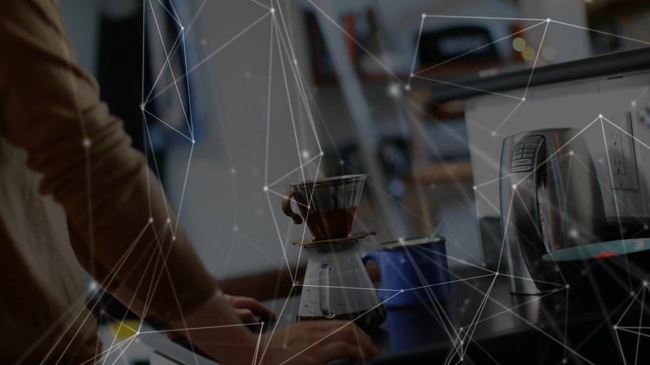 Man brewing coffee, pouring kettle then tapping base, holding dripper beneath network overlay