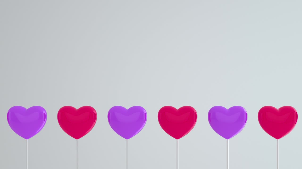 파란색 배경에 색 스틱에 빨간 보라색 심장, 왼쪽으로 이동하고 회전, 사본 공간, 사랑의 상징, 행복한 여성, 어머니, 발렌타인, 생일, 4k의 3d 애니메이션 루프.