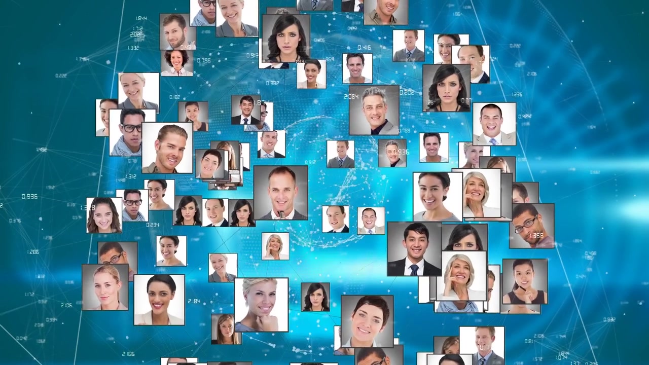Rete digitale di diversi ritratti professionali su sfondo di mappamondo