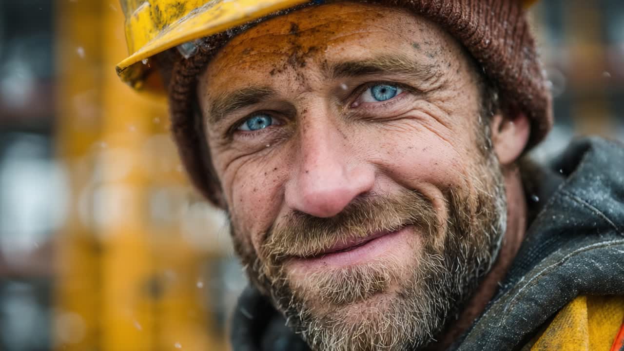 Et portrett av motstandskraft: En værbitt arbeider smiler bredt til tross for vanskelige forhold, og fanger ånden av arbeid og dedikasjon i et utfordrende miljø