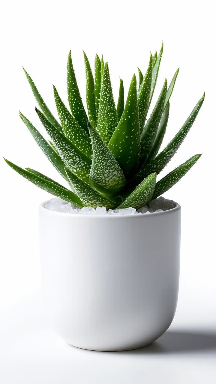 A small aloe vera plant in a white pot on a white surface