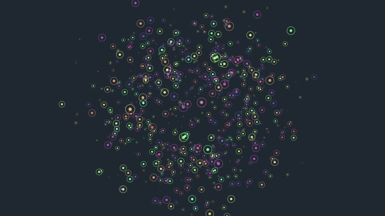 Dynamic of colorful neon circles moving like particles on a dark background, creating a modern abstract visualization ideal for technology, data, science, music visuals and creative backgrounds