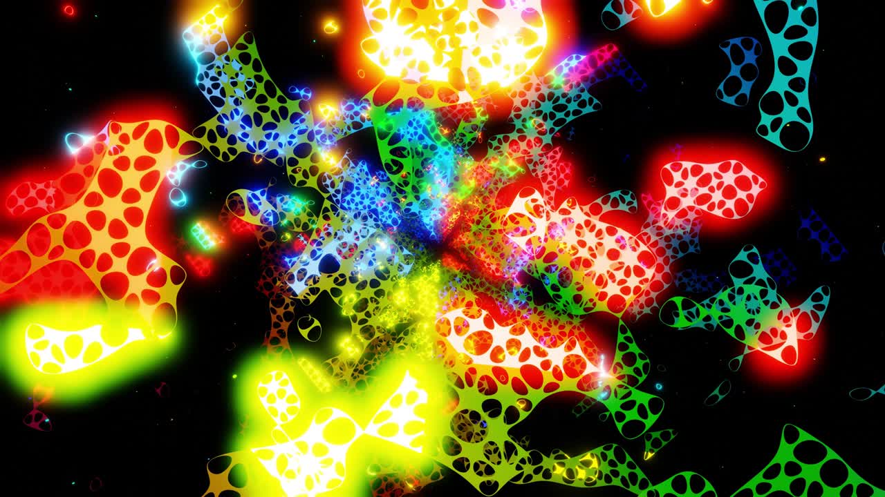 복잡한 네트워크 구조와 네온 빛으로 3d 공간을 날아다니는 vj 루프 (vj loop fly through 3d space with complex net structure, neon light, sci-fi bg, hi-tech plexus, futuristic frames with neon light on it) - 정보 데이터 흐름 개념, 3d 루프 모션 디자인