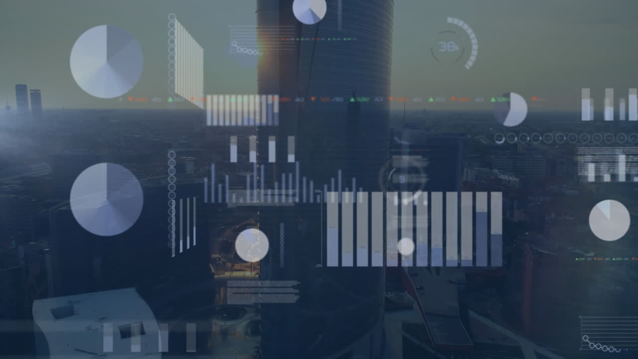 Animation of data processing over cityscape