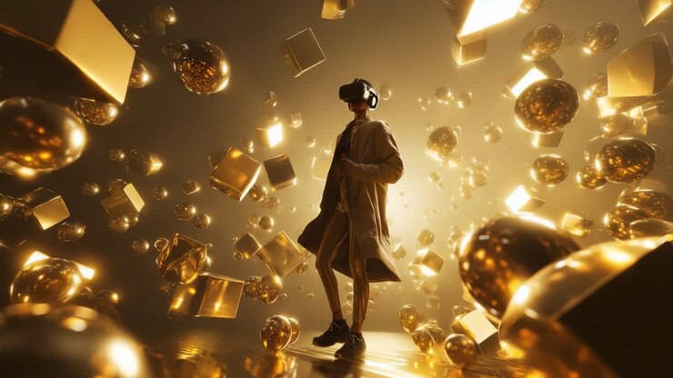Esperienza immersiva di realtà virtuale: un utente vestito in abiti casual esplora un mondo pieno di forme e oggetti dorati in 3D, catturando l'essenza dell'esplorazione digitale