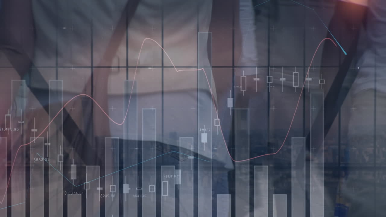 Animazione di elaborazione di dati finanziari su persone in una strada cittadina trafficata