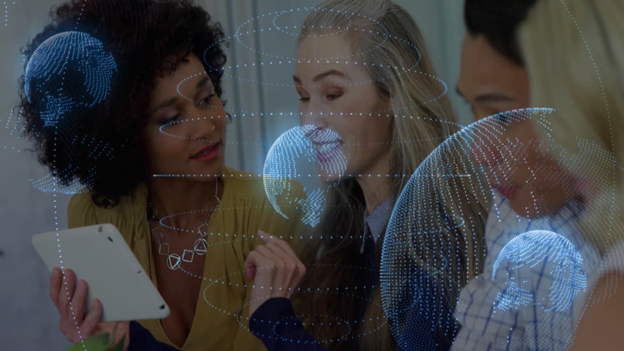 Team aligning tablet for business data review, man swiping tablet activating animated globes