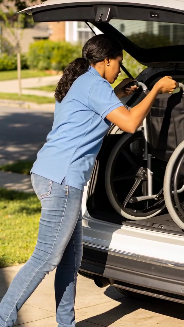 Vídeo vertical: Mulher de polo e jeans, com a porta traseira aberta, guardando cadeira de rodas dobrada em um SUV na entrada da garagem.