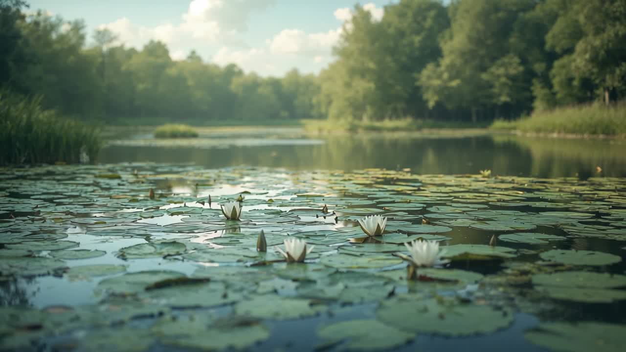 Glidande kamera rör sig framåt och nedåt vid dammen och avslöjar struktur av dyna och kronblad på blommorna