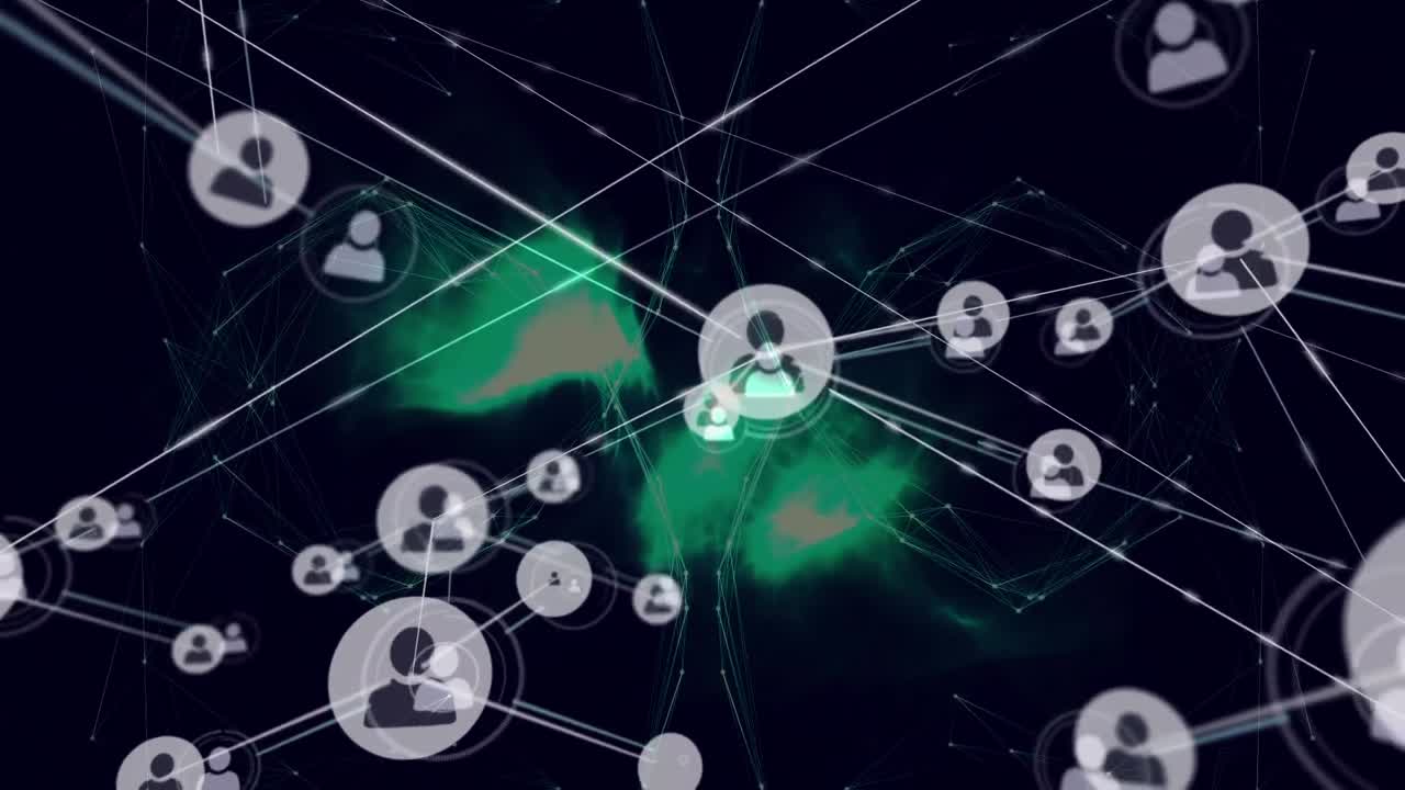 Animazione di una rete crescente di icone di persone che trasferiscono dati su luci brillanti su sfondo nero.