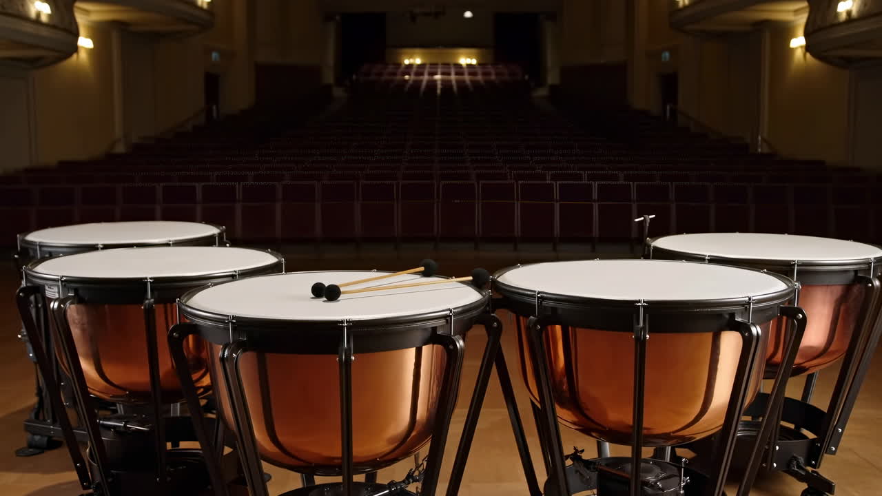 Timpani su un palco di concerto vuoto, primo piano di timpani in rame e bacchette appoggiate davanti a un ambiente fiocamente illuminato.