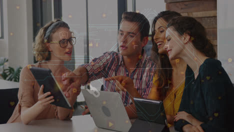 red de iconos digitales sobre diversos colegas de oficina masculinos y femeninos que utilizan dispositivos electrónicos