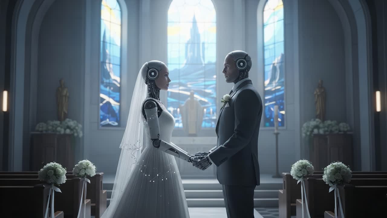 A Heartwarming Union: Robots Celebrate a Unique Wedding Ceremony with Love and Humanity Amidst a Beautiful Church Setting