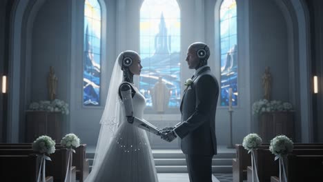 a heartwarming union: robots celebrate a unique wedding ceremony with love and humanity amidst a beautiful church setting