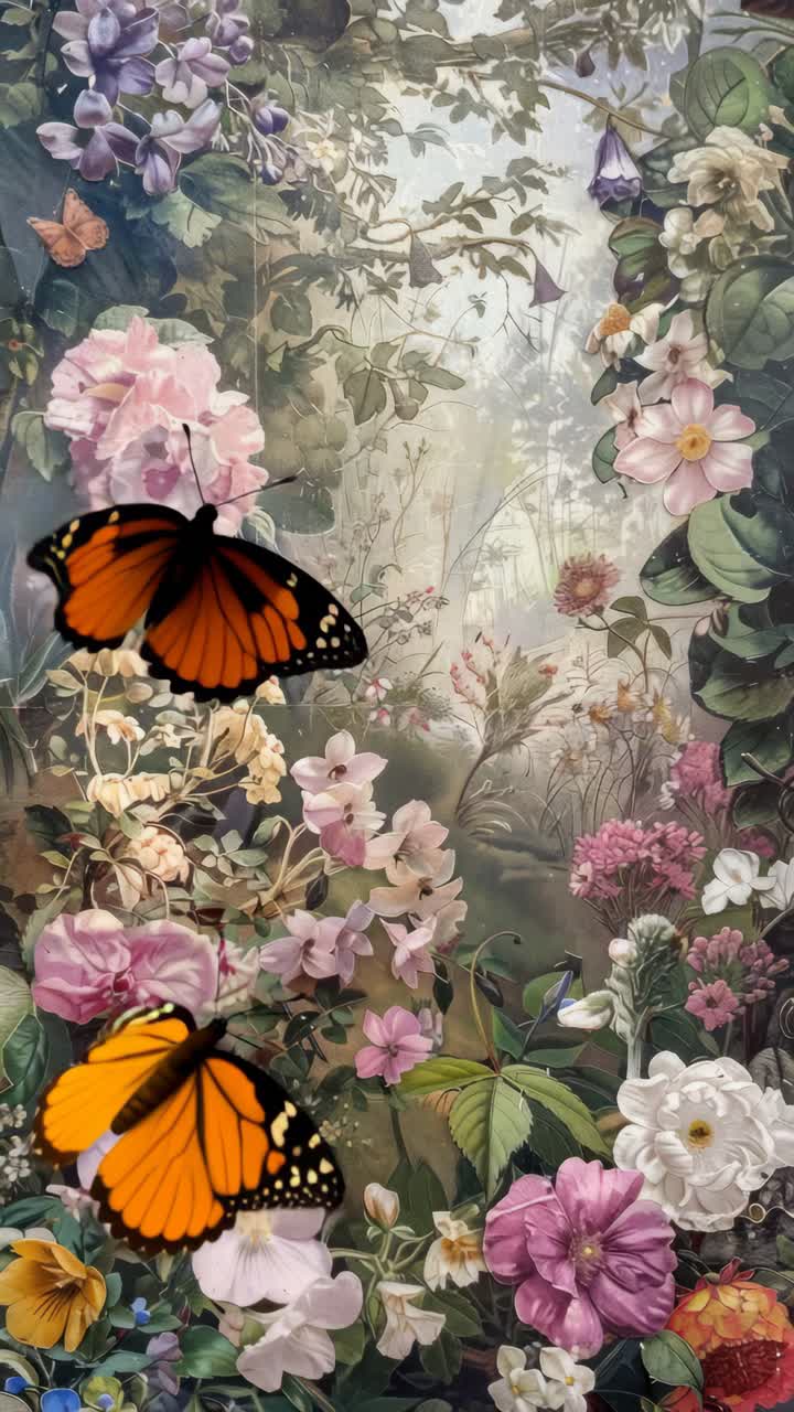 A lush, vertical garden scene with vibrant flowers and foliage, captured from a low angle