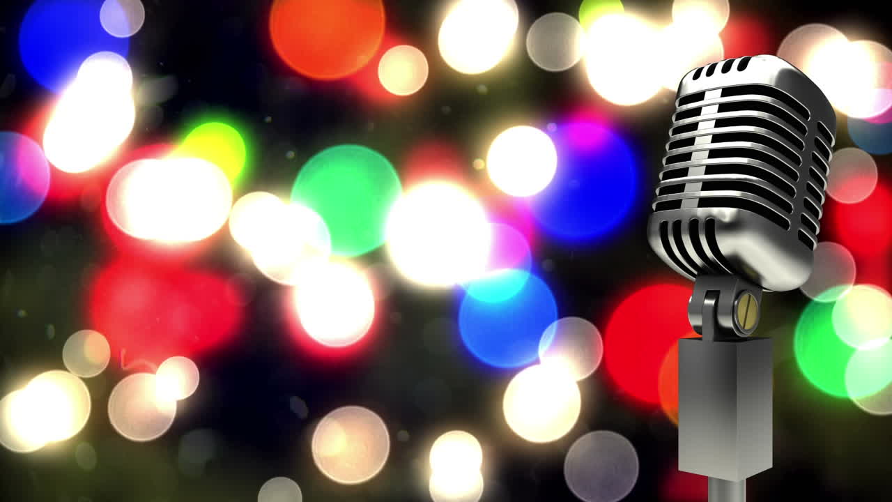 검은 바탕에 빛의 다채로운 반점에 대한 레트로 금속 마이크로폰