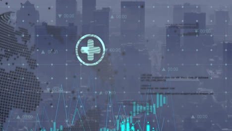 Animation-Von-Energiesymbolen,-Globus-Und-Verarbeitungsdaten-über-Der-Stadtlandschaft