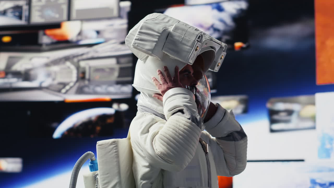 Young male cosmonaut drifting in zero gravity during a space walk