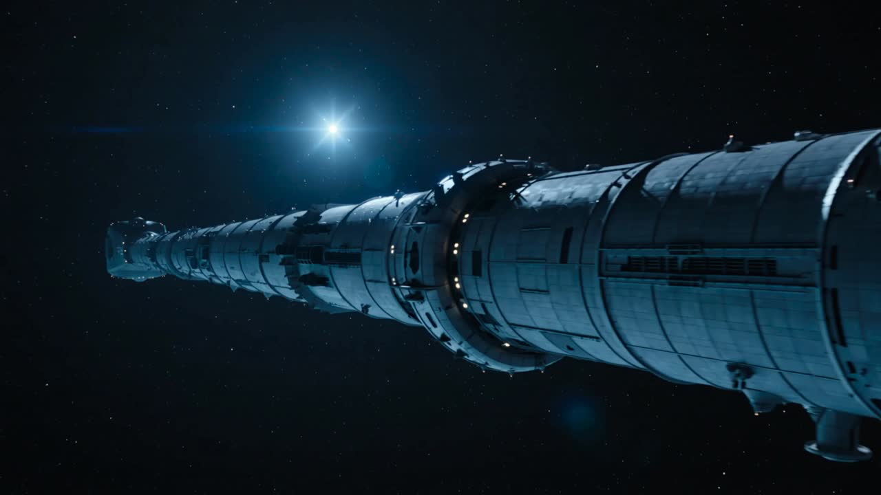 Tracking camera moving forward along hull in star field revealing spacecraft with lit hub