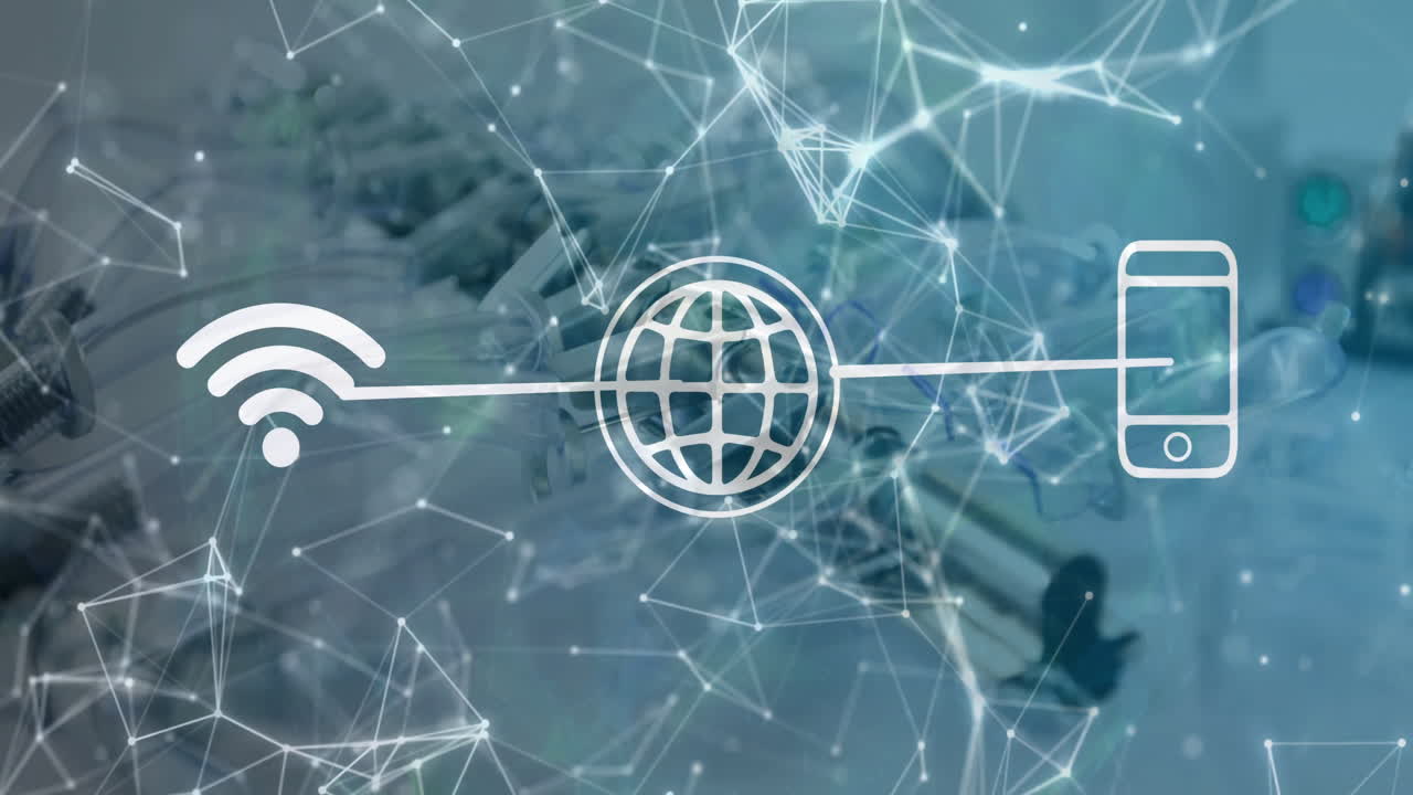 animación de conectividad de red que superpone a las personas que trabajan en el laboratorio