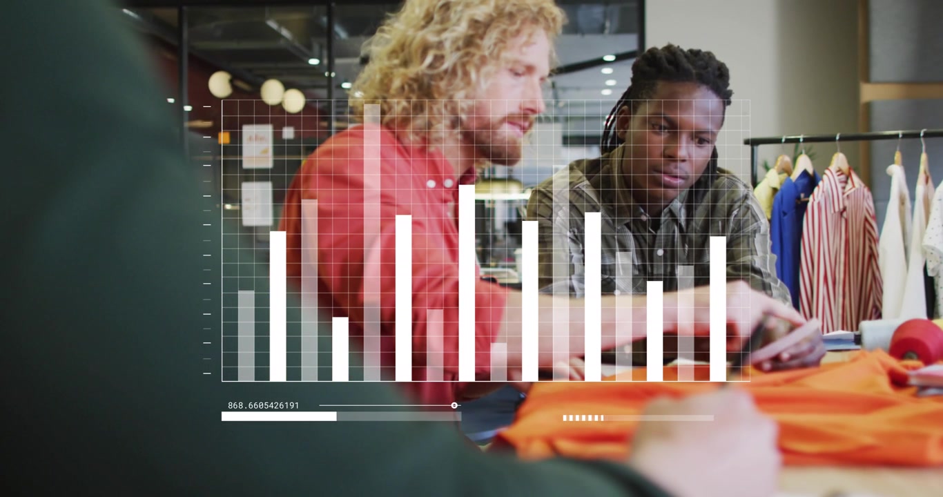 Animation of bar graph and loading bars, diverse coworkers sharing ideas in office