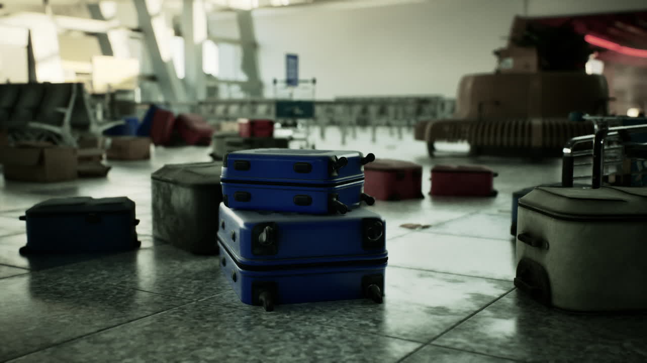 Abandoned airport terminal with scattered luggage and empty seating areas