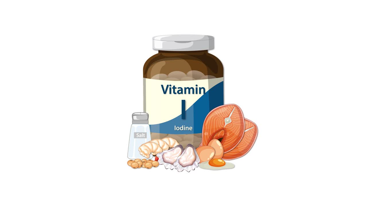 Iodine supplement bottle label animates as iodine-rich foods appear, clean white background, static camera