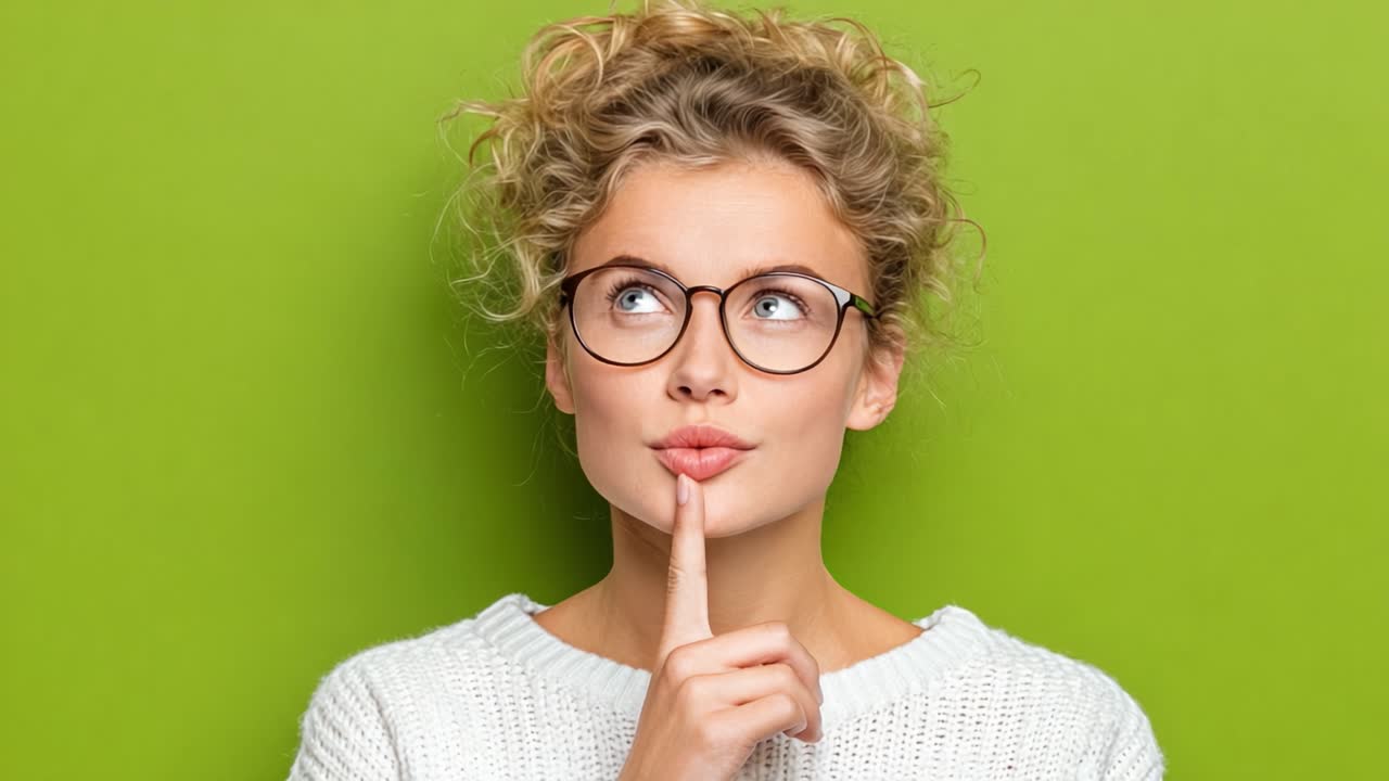 A Thoughtful Young Woman in Glasses Contemplates Ideas Against a Bright Green Background, Expressing Curiosity and Introspection in Her Gesture and Expression