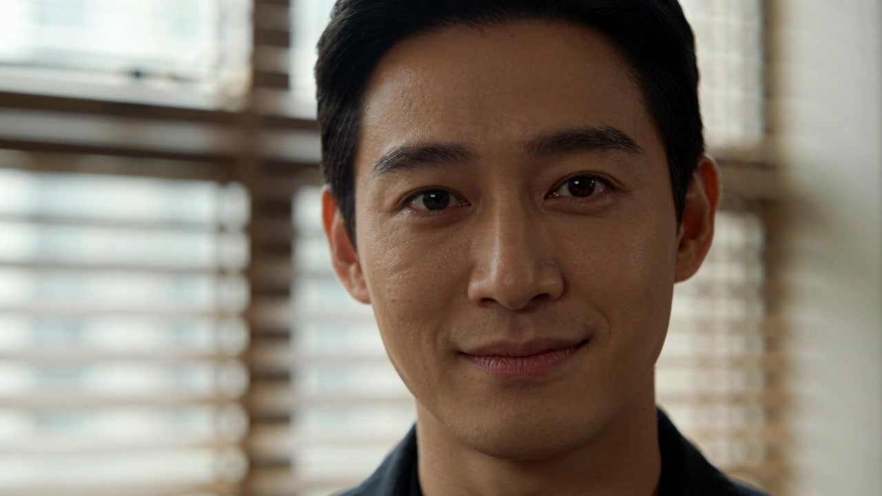 Inizio della registrazione: un uomo asiatico in camicia scura mantiene lo sguardo, con un sorriso che si addolcisce vicino alle persiane, in luce diffusa.