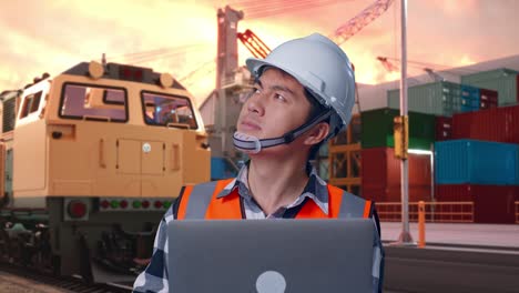 close up of asian male engineer with safety helmet working on a laptop and looking around while standing with freight cargo train at port