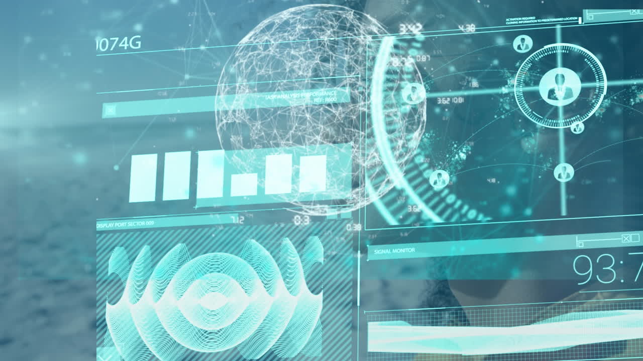 animación de pantalla digital sobre mujer biracial en la playa