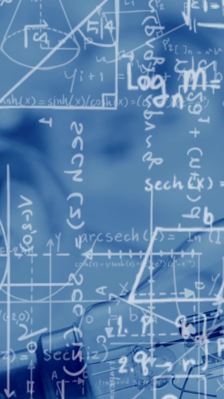 Animazione di equazioni matematiche e cappelli da laurea su sfondo blu