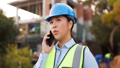 asian woman, architect and phone call