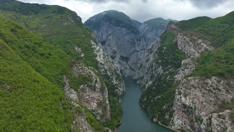 narrow gorge of spectacular lake koman in albania - aerial approach