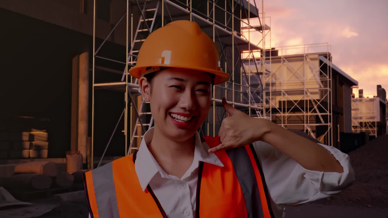 Close Up Of Asian Female Engineer With Safety Helmet Smiling To Camera And Making Call Me Gesture While Standing At Construction Site in Progress to New House