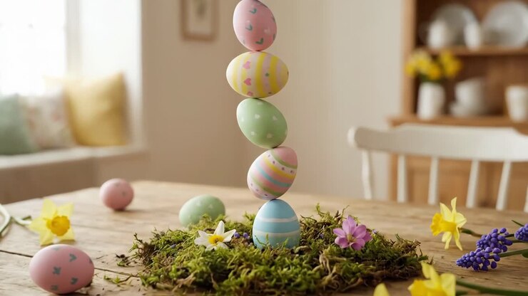 Decorated Easter Eggs Stacked and Balanced on a Wooden Table