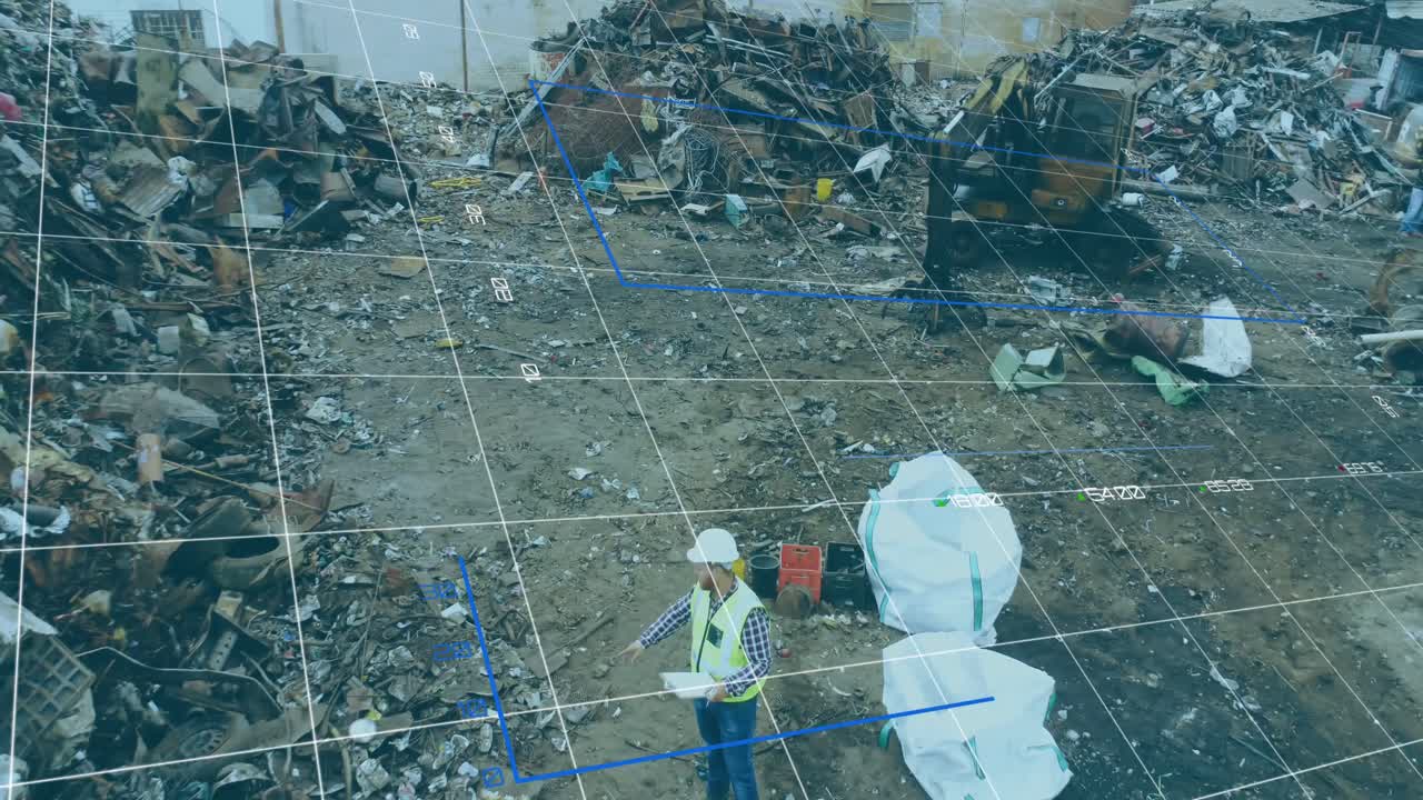 쓰레기 매립장에서 노동자에 대한 금융 데이터 처리 애니메이션