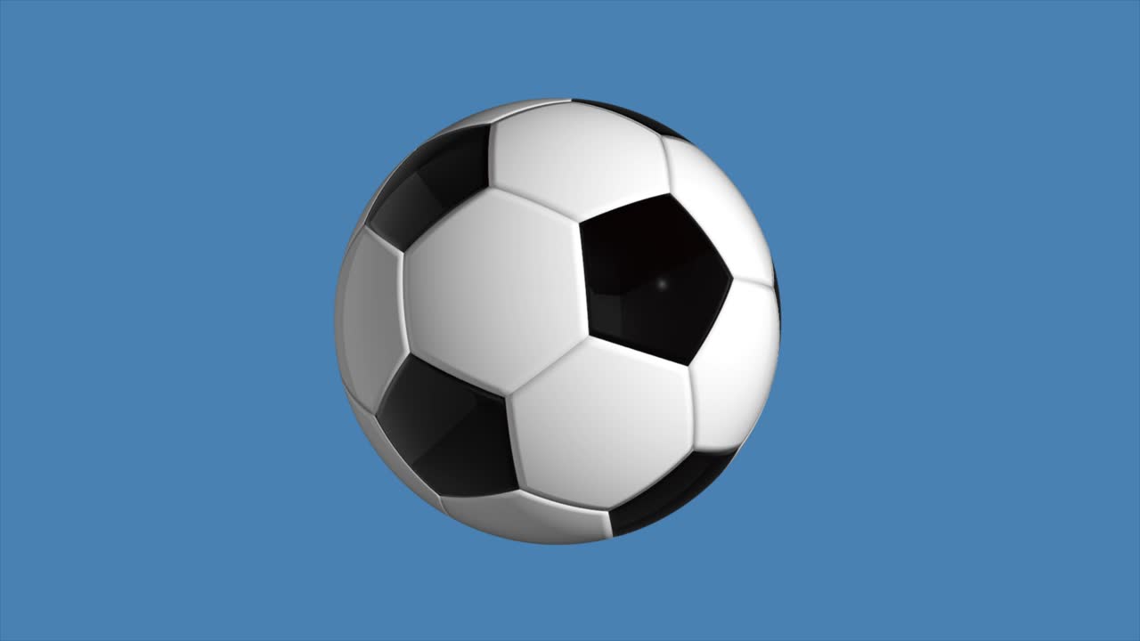 la pelota de fútbol gira sobre un fondo azul. renderizado en 3d.