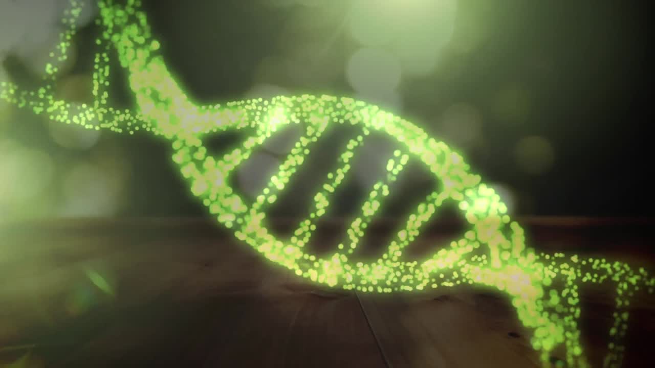 animación de 3d verde brillante cadena de adn girando sobre un fondo verde