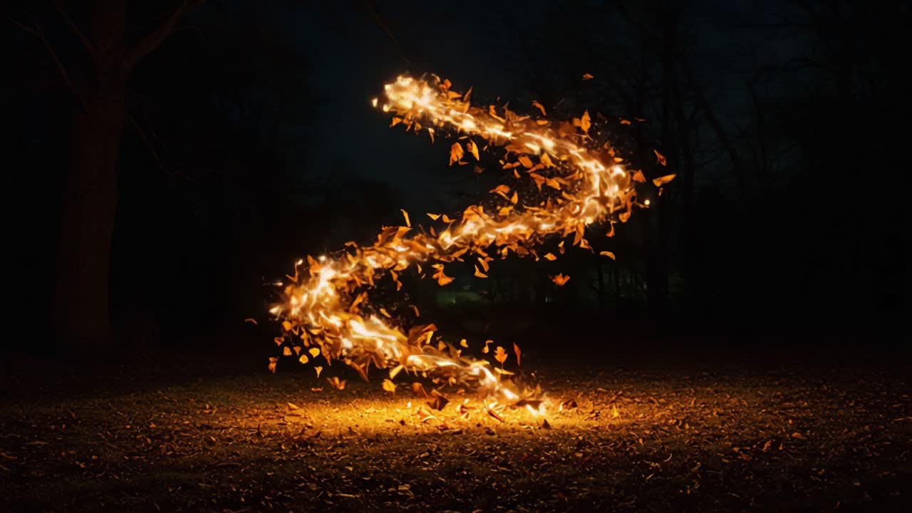 An Enchanting Swirl of Flames and Leaves: A Captivating Dance of Nature's Elements in a Darkened Landscape with Mesmerizing Light Effects