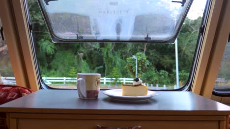 scenic summer time spruce woodland view from rv camper van dinette window