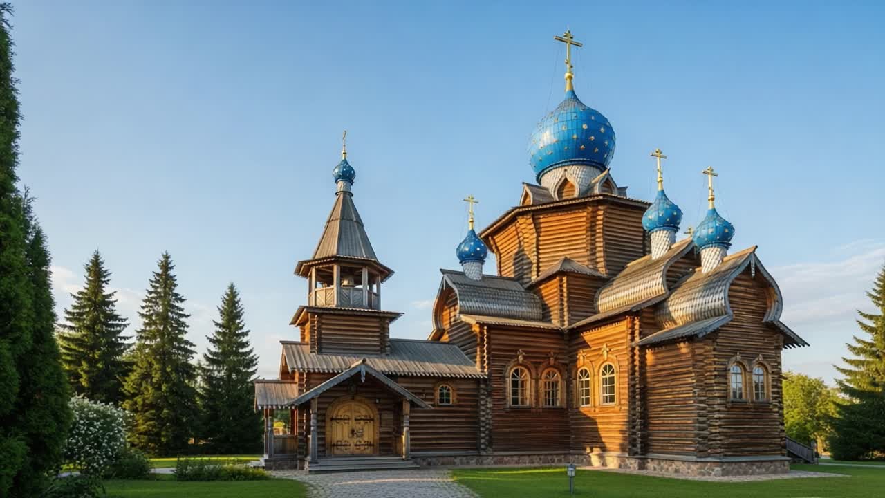 A Stunning Wooden Church Surrounded by Lush Greenery and Towering Trees, Showcasing Beautiful Blue Domes Under a Clear Sky During the Golden Hour
