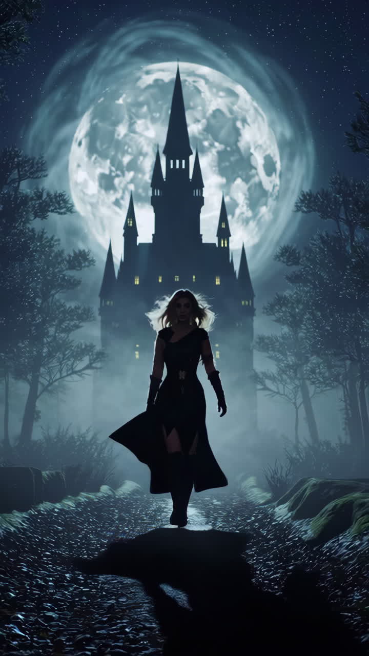 Fantasy Woman in Dark Forest at Night