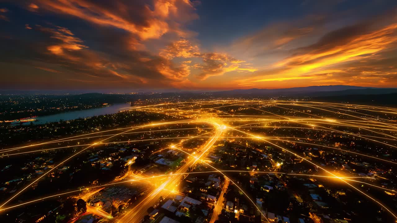 Aerial View of Urban Landscape at Dusk Transitioning to Night, Capturing Vibrant City Lights and Dynamic Transportation Flow, Highlighting the Beautiful Contrast of Twinkling Illumination Against the Darkening Sky