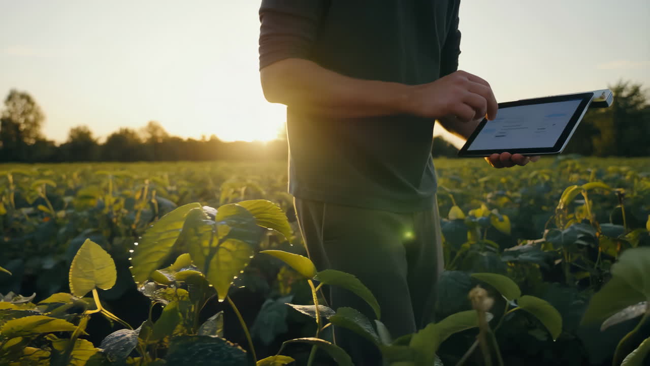 A farmer using a tablet to inspect crops in a field at sunset