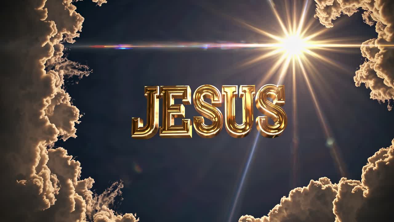 A dramatic video scene with a low-angle view of golden 'Jesus' text, surrounded by clouds