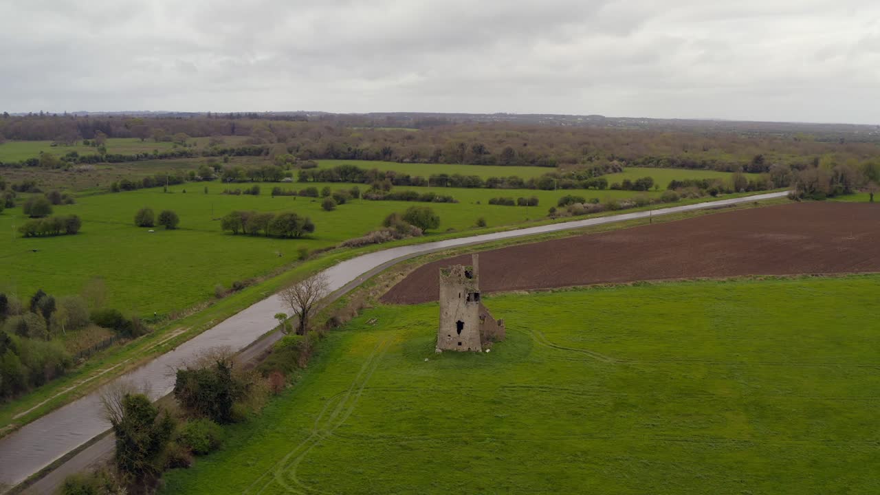 el castillo de srah se encuentra desolado en un campo cubierto de hierba junto al gran canal en el campo irlandés.